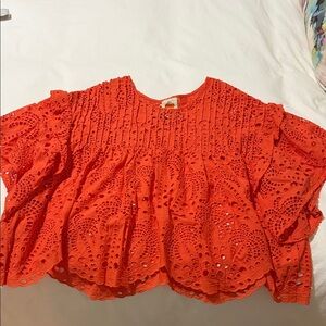 FARM Rio Coral Eyelet Lace Peasant Blouse